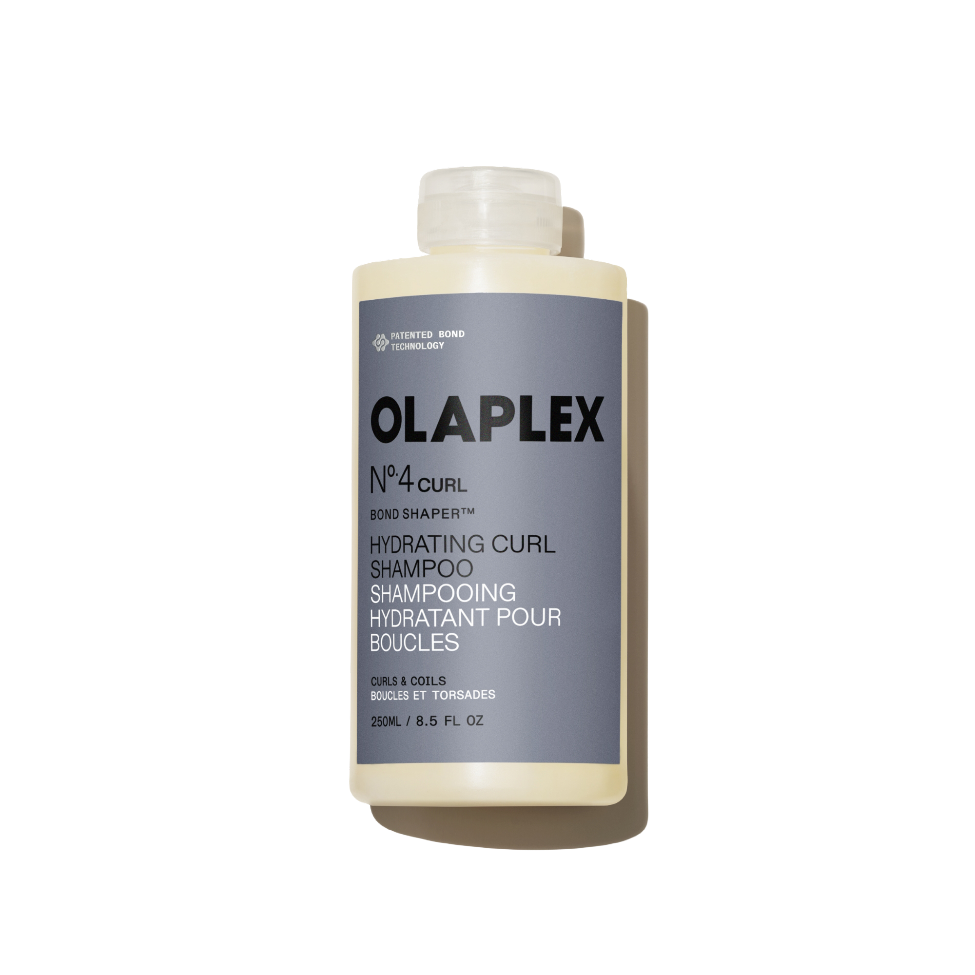 Flacone di Olaplex N°.4CURL Bond Shaper Hydrating Curl Shampoo da 250 ml su sfondo bianco